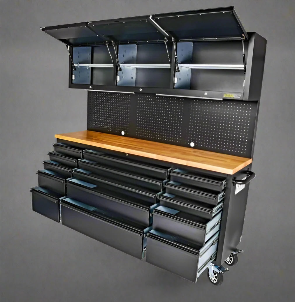 72" 18-Drawer Rolling Tool Chest Workbench – Heavy-Duty Black Steel with Wood Top