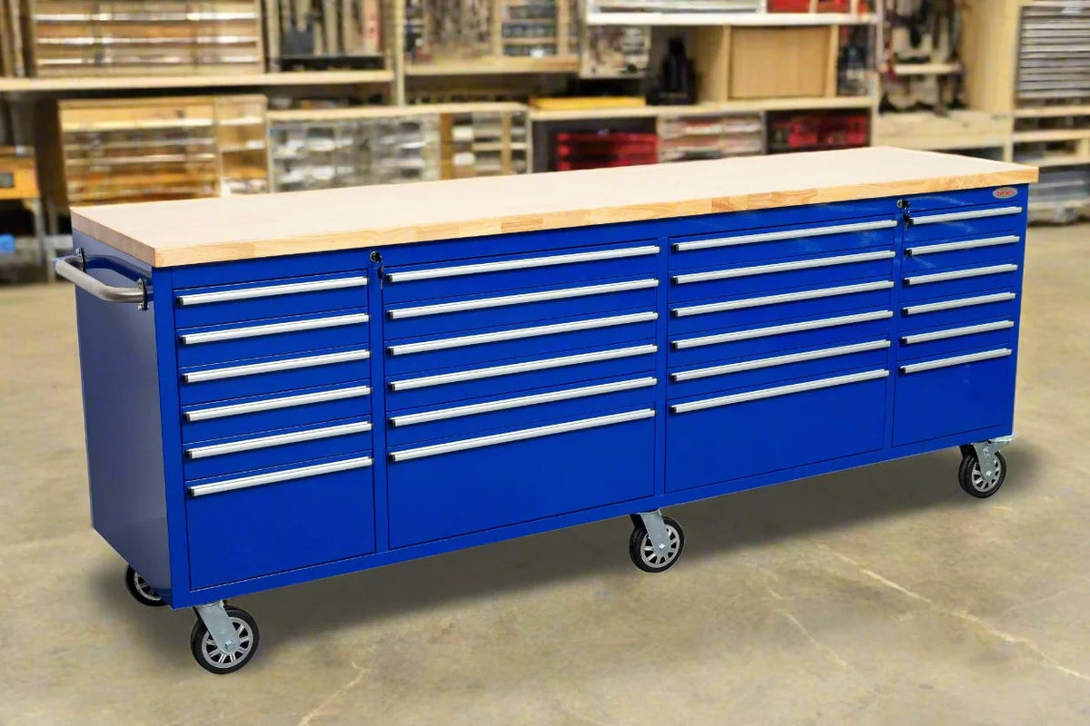 96" Heavy Duty Rolling Tool Box – Fatboy 24-Drawer Workbench with Power Outlets & USB