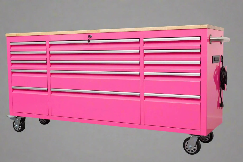 72" Heavy Duty Rolling Tool Box – 15-Drawer Workbench with Wood Top, Power Outlets & USB