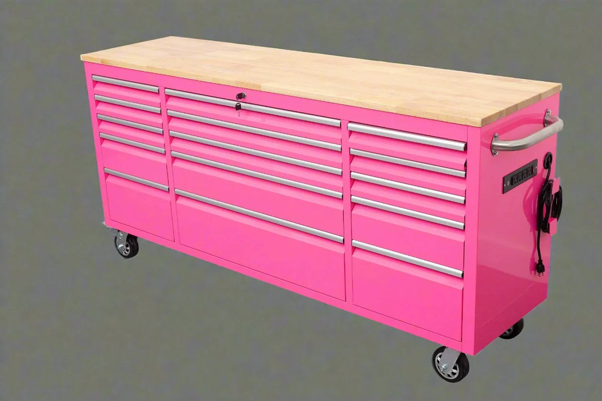 72" Heavy Duty Rolling Tool Box – 15-Drawer Workbench with Wood Top, Power Outlets & USB