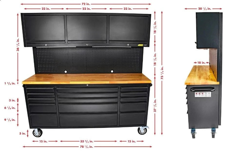 72" 18-Drawer Rolling Tool Chest Workbench – Heavy-Duty Black Steel with Wood Top