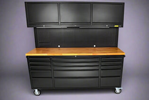 72" 18-Drawer Rolling Tool Chest Workbench – Heavy-Duty Black Steel with Wood Top