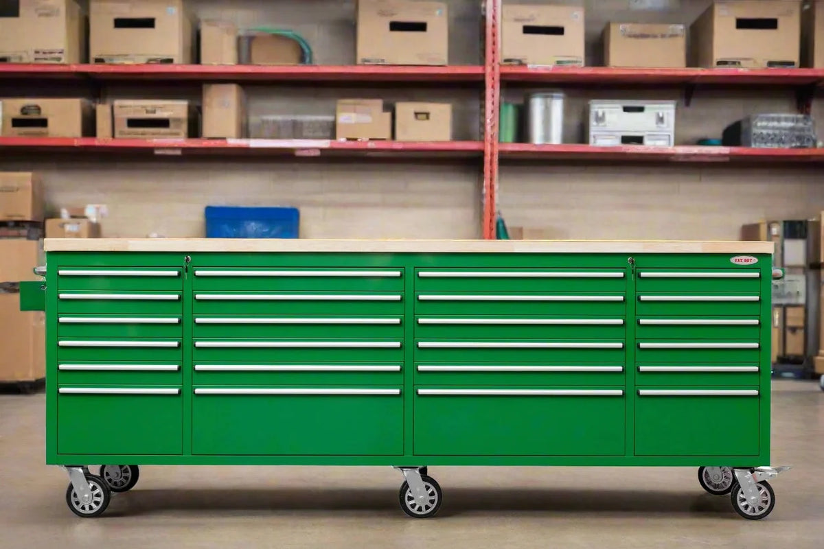 96" Heavy Duty Rolling Tool Box – Fatboy 24-Drawer Workbench with Power Outlets & USB