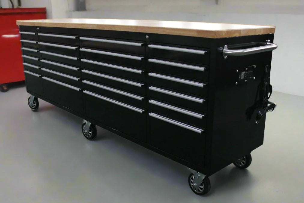 96" Heavy Duty Rolling Tool Box – Fatboy 24-Drawer Workbench with Power Outlets & USB