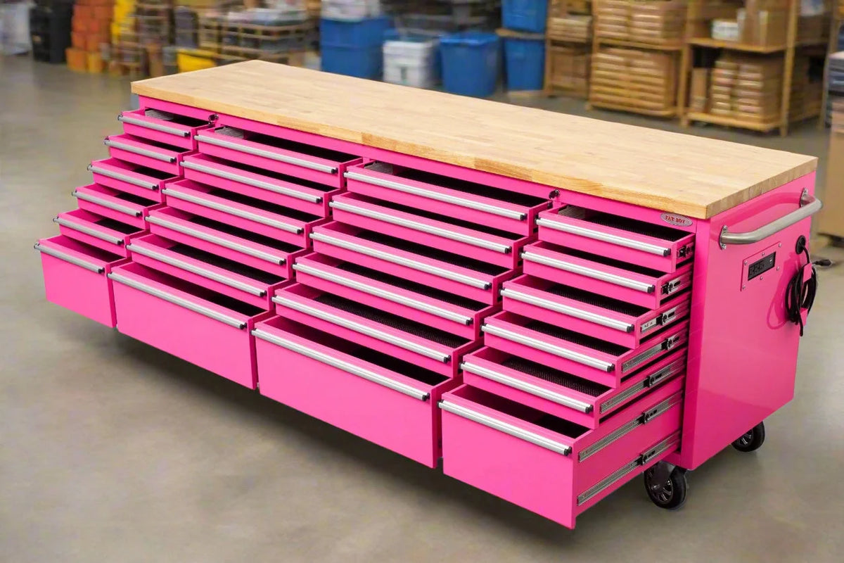 96" Heavy Duty Rolling Tool Box – Fatboy 24-Drawer Workbench with Power Outlets & USB
